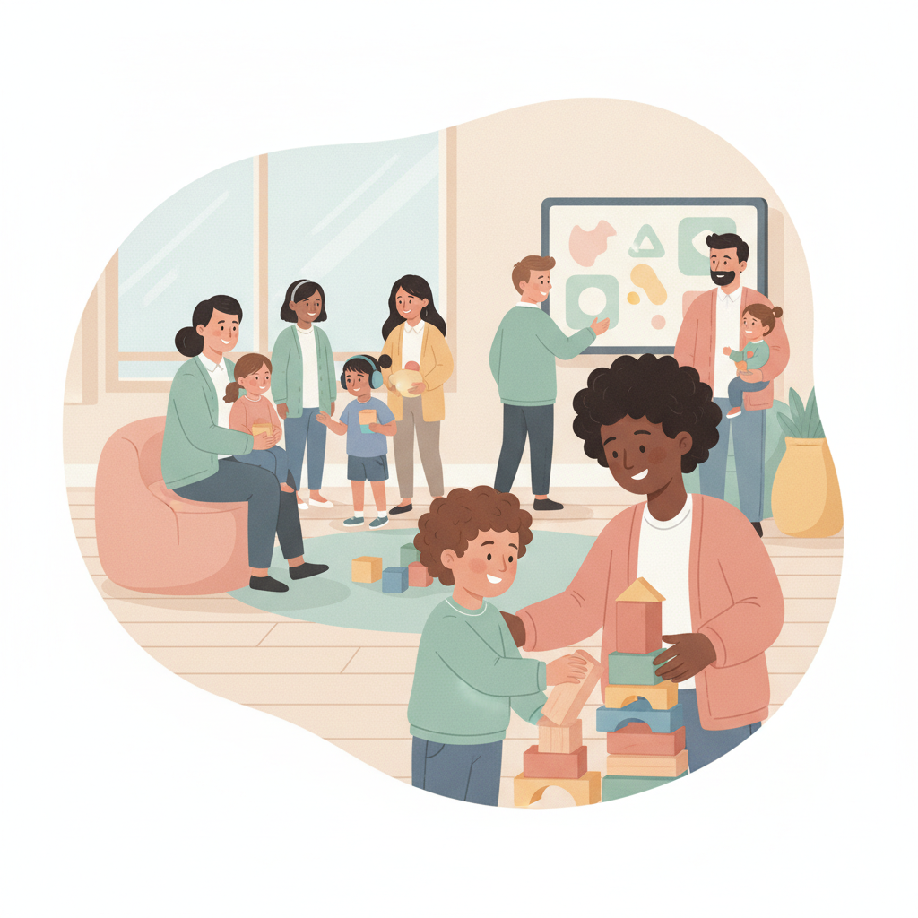 A diverse group of clinicians and parents collaboratively supporting children in a modern, welcoming developmental clinic setting.